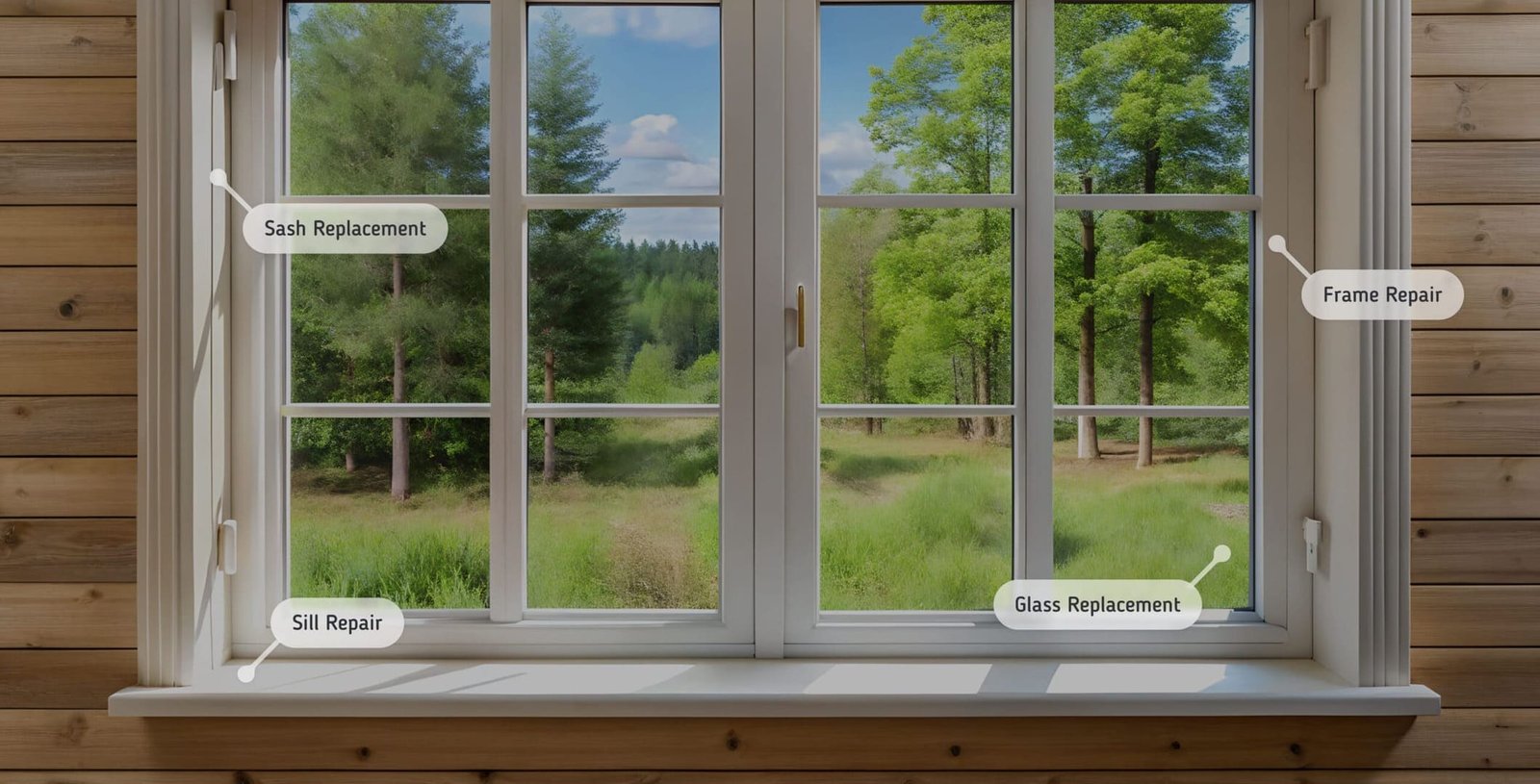Large double-pane window with a scenic view of a green forest, labeled with repair services such as sash replacement, sill repair, frame repair, and glass replacement. The window is set within a wooden-paneled interior, with a white frame and brass handles, enhancing the natural and rustic aesthetic.