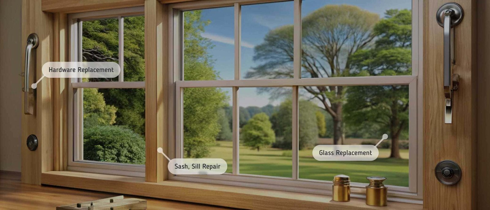 Double-hung wooden window with a scenic outdoor view, labeled with repair services such as hardware replacement, sash and sill repair, and glass replacement. The window features classic metal handles and locks, with small brass containers on the wooden windowsill.